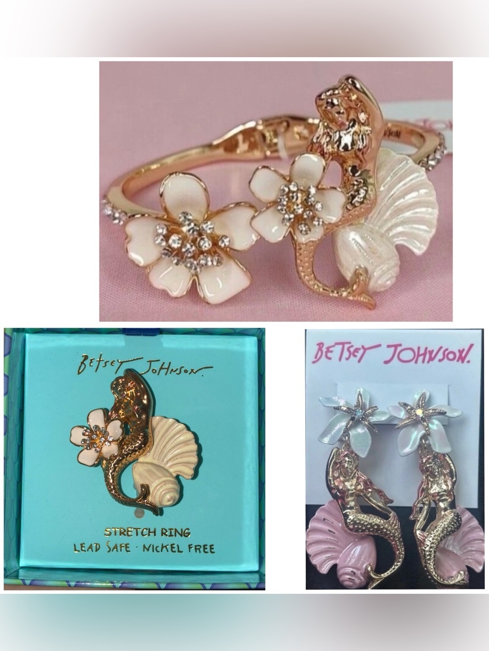 BETSEY JOHNSON SET Mermaid & Tropical Flowers Bracelet Earrings & Ring NEW NWT